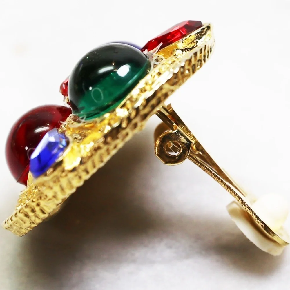 Earrings ~ Gold w/ Colorful Round Cabochons & Teardrop Crystals Clip-on Vintage